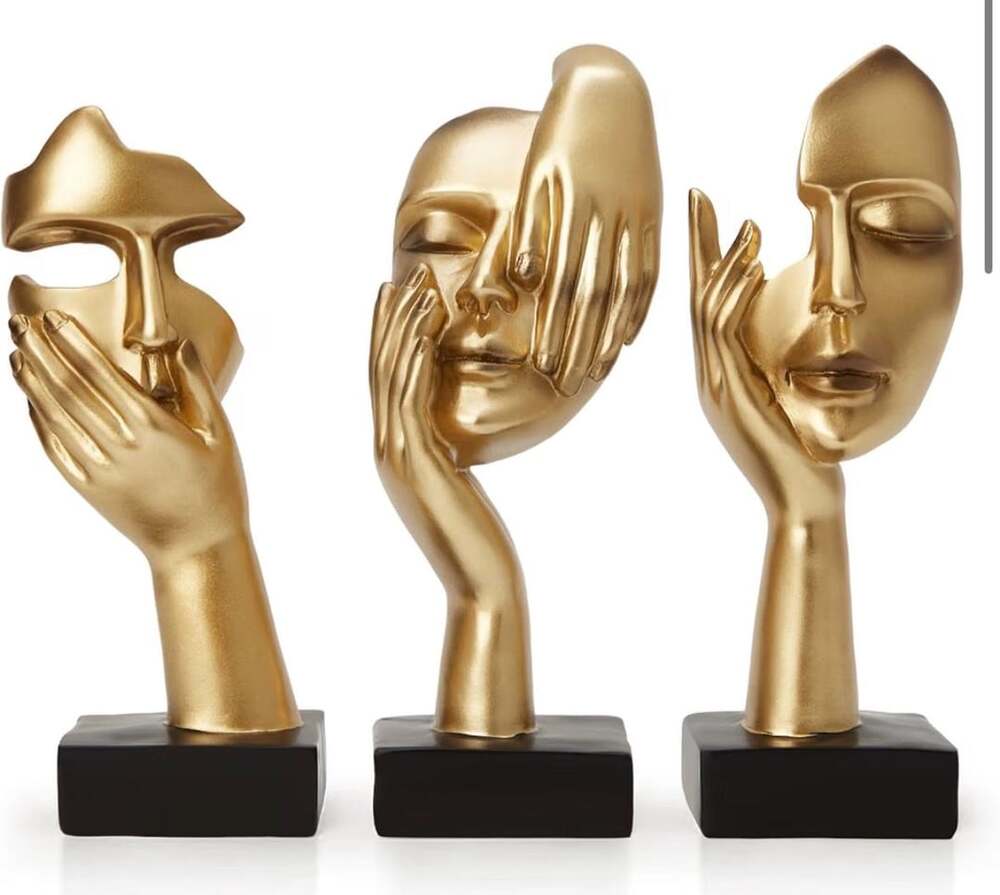 Gold Decor Thinker Statues Set of 3 Abstract Face Resin Sculptures